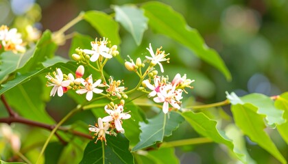Fototapeta premium A close-up captures delicate, star-shaped, white and pink blooms on a branch with bright green leaves
