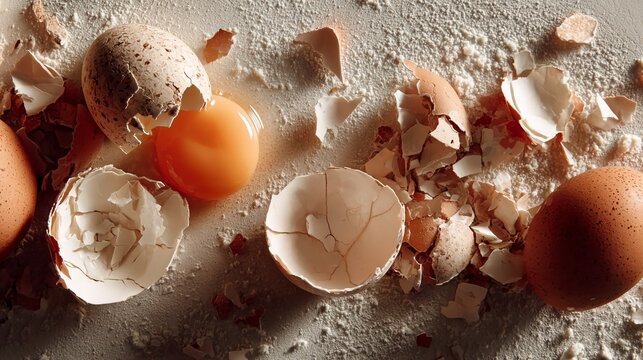 Close up of cracked eggshell pieces scattered on neutral surface with soft shadows and matte texture suitable for cooking visuals or artistic composition