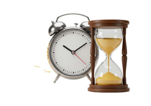 Isolated classic alarm clock with hourglass showing time running out, time is money concept