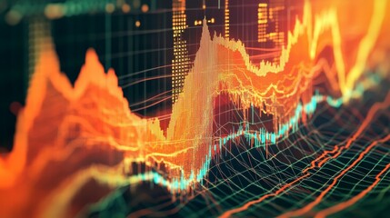Abstract 3D financial data visualization; orange and teal stock market graph.