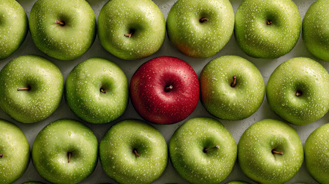 A single red apple among a group of green apples, representing uniqueness