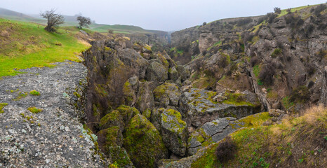 Rock formations and cracks covered with green moss in a misty landscape.