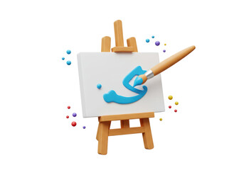 Isolated artist easel with blue paint being applied by a brush to a blank canvas art piece