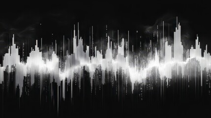Abstract grayscale sound wave visualization, resembling a cityscape at night.