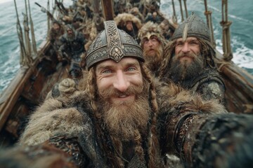 Smiling viking warriors taking a selfie on a drakkar sailing in the ocean