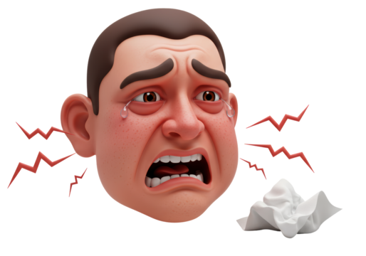 Isolated man crying heavily with a crumpled tissue by his face during emotional breakdown