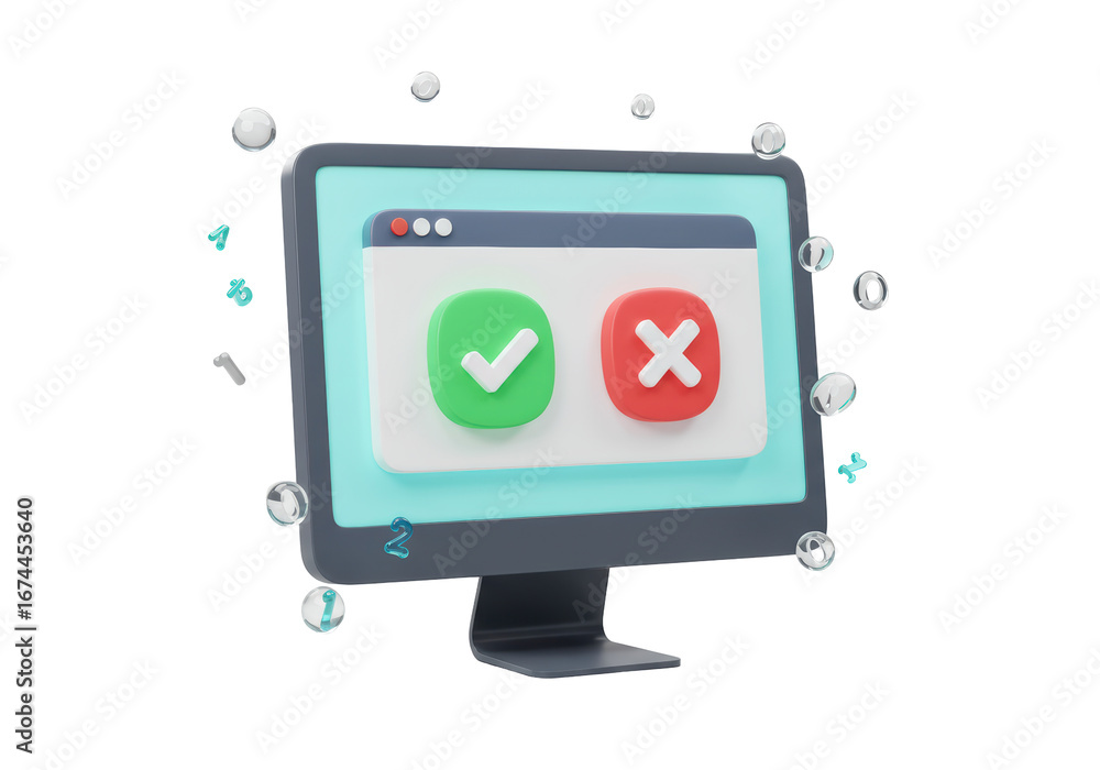 Poster isolated 3d computer monitor with a screen displaying a green check and red x icon