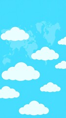 Cartoon clouds over a world map