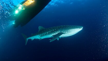 Naklejka premium Whale shark viewed from below in the deep blue ocean
