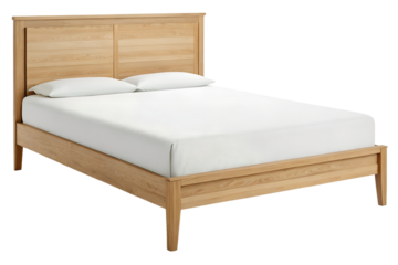 A modern wooden bed frame with a white mattress and pillows isolated on transparent background