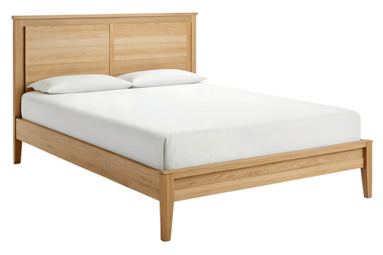 A modern wooden bed frame with a white mattress and pillows isolated on transparent background