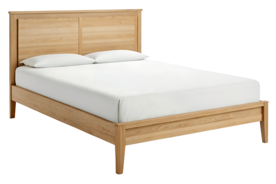 A modern wooden bed frame with a white mattress and pillows isolated on transparent background