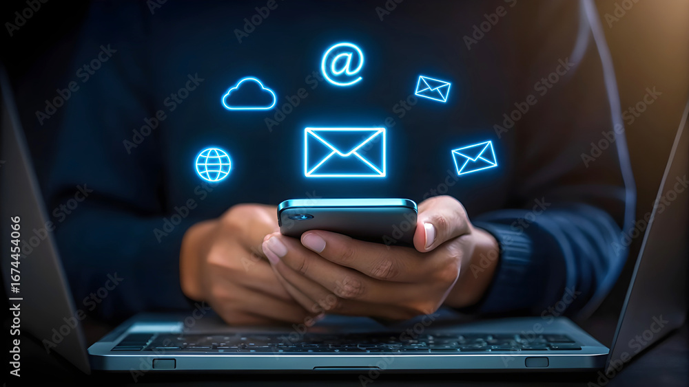 Poster person using smartphone with glowing digital communication icons floating above