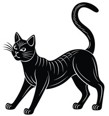 A simple vector illustration of a cute black cat silhouette with a long tail on a white background