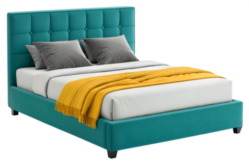 Turquoise upholstered tufted headboard bed with yellow blanket and grey pillows isolated on transparent background