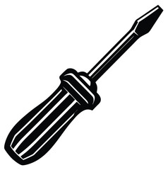 A single steel screwdriver with a sharp tip and a black plastic handle is isolated on a white background