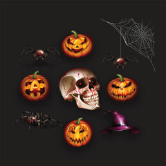 Halloween Skull and Pumpkin Vector Set with Spiders and Witch Hat