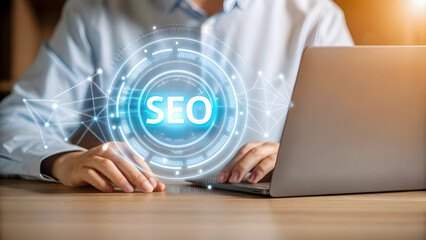 Person using laptop with glowing seo digital interface and futuristic network connections