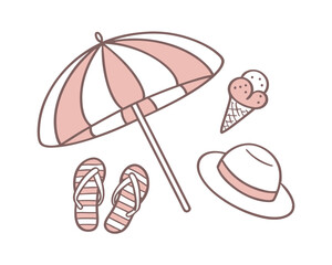 Summer Vacation Elements with Pink Umbrella Hat Ice Cream and Flip Flops for a Relaxing Beach Day