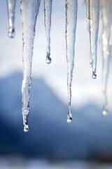 Alpine Ice Stalactite with Teardrop Against Soft Mountain Silhouette