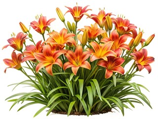A vibrant display of orange and yellow daylilies against a white background
