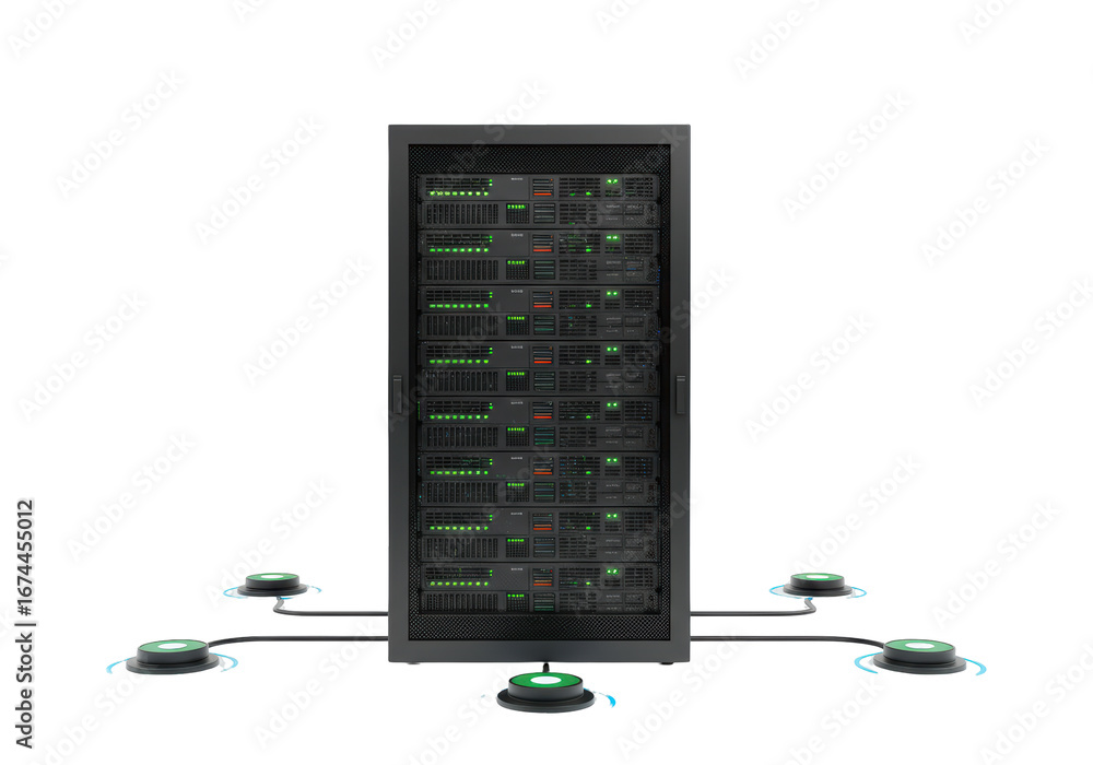 Poster isolated central data server rack connected to network of green communication hubs