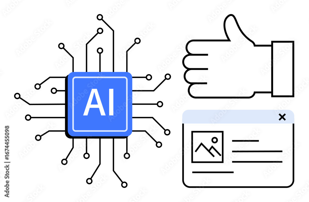 Poster ai chip with connected nodes, thumbs-up gesture, and a basic website interface. ideal for ai technol