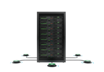 Isolated central data server rack connected to network of green communication hubs