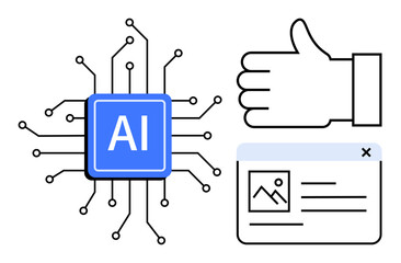 AI chip with connected nodes, thumbs-up gesture, and a basic website interface. Ideal for AI technology, digital approval, feedback, machine learning, web design, innovation and simple landing page