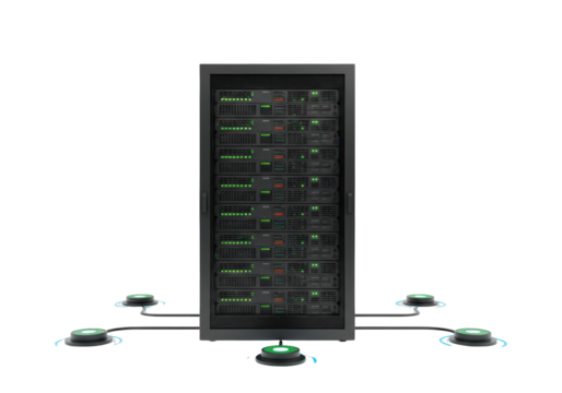 Isolated central data server rack connected to network of green communication hubs