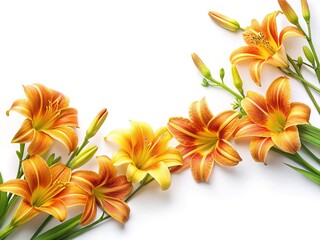 A beautiful arrangement of orange and yellow lilies on a white background