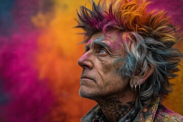 Portrait of a mature punk rocker with vibrant hair and face paint, immersed in the lively atmosphere of a music festival