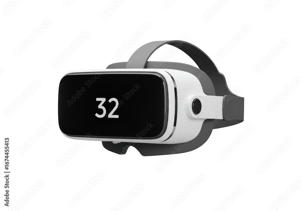 Poster isolated virtual reality vr headset displaying number 32 on screen for gaming technology