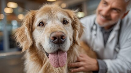 Golden retriever dog lying on examination table at veterinary clinic getting gentle examination from vet, ensuring health and well being
