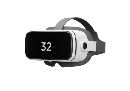 Isolated virtual reality VR headset displaying number 32 on screen for gaming technology