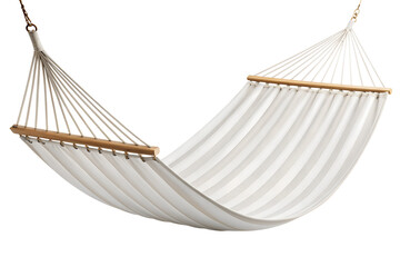 Comfortable striped fabric hammock with wooden spreader bars suspended by ropes isolated on transparent background