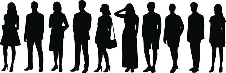 Diverse group of people silhouettes, black and white illustration, standing together, casual and formal outfits, fashion, unity, identity, diversity