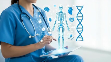 A healthcare professional in blue scrubs uses a tablet displaying a futuristic medical interface with human anatomy, dna helix, and health icons - Powered by Adobe