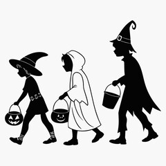 Silhouette of Children Trick-or-Treating in Halloween Costumes: Witch, Ghost, and Zombie; Monochrome Vector Illustration.
