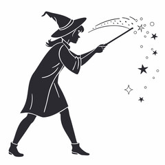 Silhouette of a Witch Casting a Spell with Magic Wand, Mystical, Halloween, Vector Illustration