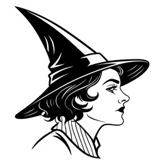 Mysterious Vintage Witch Profile: Black and White Line Art Illustration, Halloween Design Element