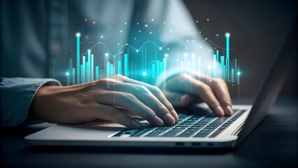 Hands typing on a laptop with glowing digital data visualization