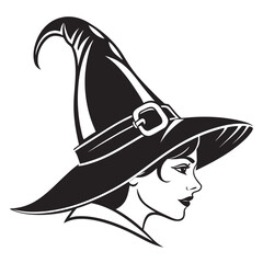 Elegant Witch Profile: Monochrome Halloween Illustration, Mystical and Mysterious