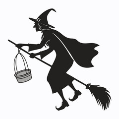 Silhouette of Witch Flying on Broomstick, Carrying Cauldron, Halloween, Vector Illustration, Monochrome, Mystical