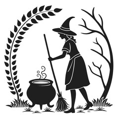 Silhouette Witch Stirring Cauldron:  Elegant Black and White Halloween Illustration, Mystical and Whimsical Design.