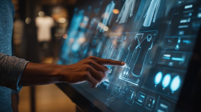 Interactive display medium shot capturing a person selecting and modifying product features on a digital twin screen highlighting userfriendly touchscreen controls.