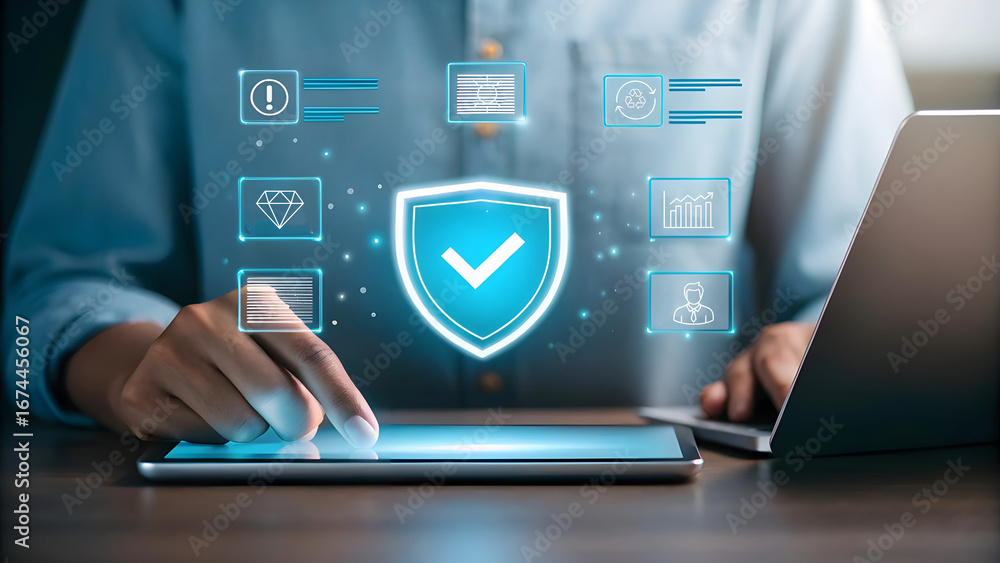 Aufkleber person using tablet with digital shield and security icons for data protection
