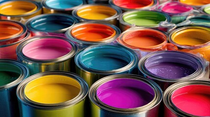 Fototapeta premium Close-up of many colorful paint cans. Various hues fill metal containers, closely packed. Shiny lids and vibrant colors