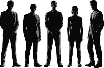 Professional business team in black and white silhouette, diverse executives, teamwork concept, corporate leadership, unity, success, partnership, standing together