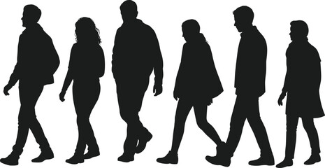 Silhouette of diverse people walking, urban lifestyle, black and white vector, casual clothing, crowd movement, city life, street scene